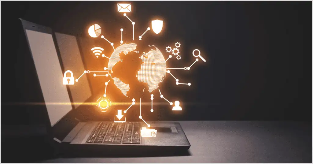 An image of an open laptop displaying a glowing globe with interconnected icons, including a lock, envelope, Wi-Fi symbol, and gears, symbolizing global connectivity and digital security, related to building an online presence and finding real estate buyers.