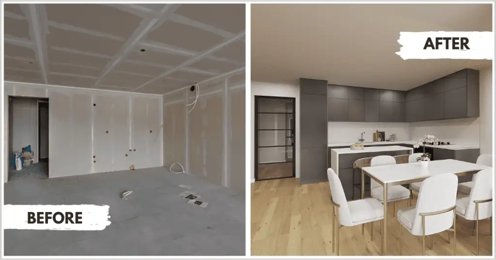 Before and after comparison of a kitchen transformed by virtual commercial staging.