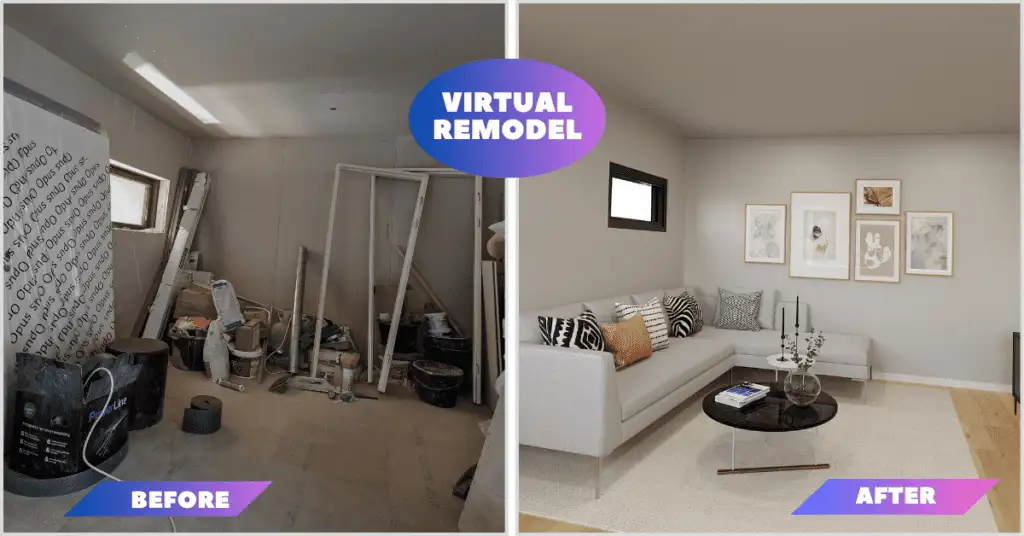 Side-by-side virtual remodel comparison: "Before" shows a cluttered room with construction materials; "After" shows a stylish living room with a sofa, coffee table, and wall art.