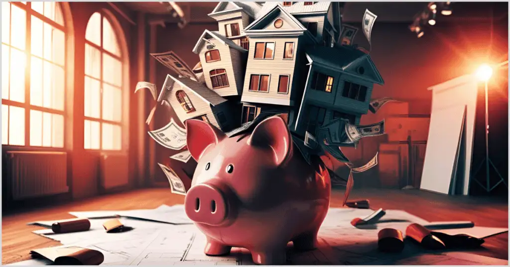 A pink piggy bank with miniature houses and dollar bills spilling out, symbolizing financial challenges in real estate renderings, set in an office with blueprints and a spotlight.