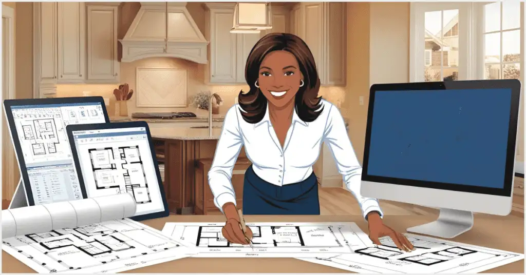A professional realtor creating floor plans for realtors, standing at a desk with digital screens and paper blueprints displaying property layouts in a modern kitchen setting.