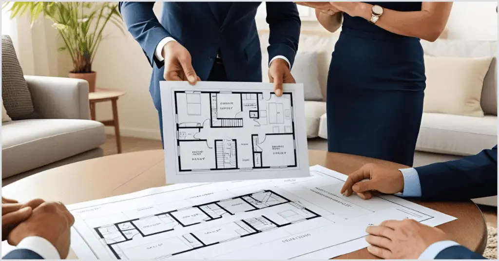 Professional realtors reviewing custom floor plans for realtors designed by PixelShouters, with detailed blueprints displayed on a table in a modern office setting.