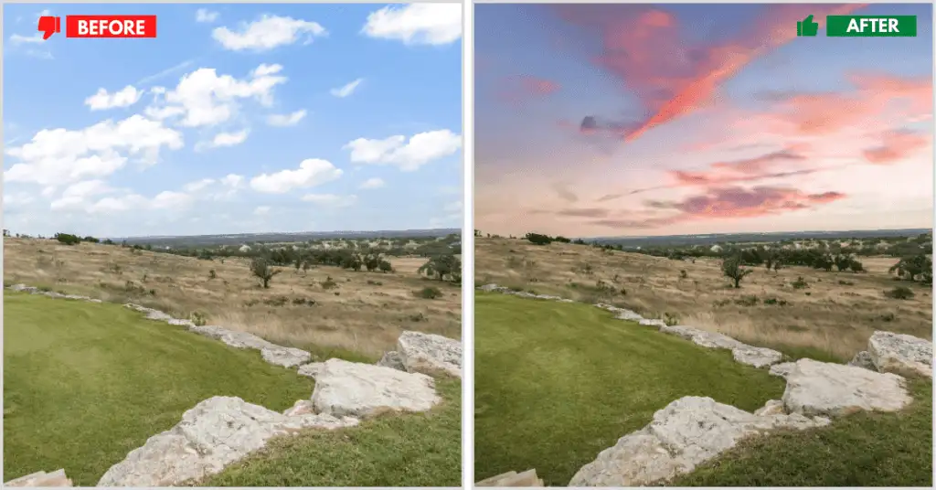 Side-by-side virtual remodel comparison: "Before" shows a bright day with blue sky and grassy hill; "After" shows dusk with pink-purple sky.