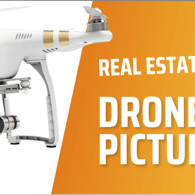 A white drone with a camera hovers against an orange background with the text "Real Estate Drone Pictures.