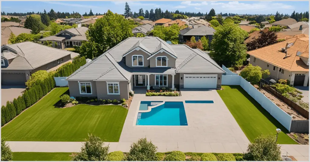 Aerial drone view of a modern house with a pool and landscaped backyard in a suburban neighborhood.