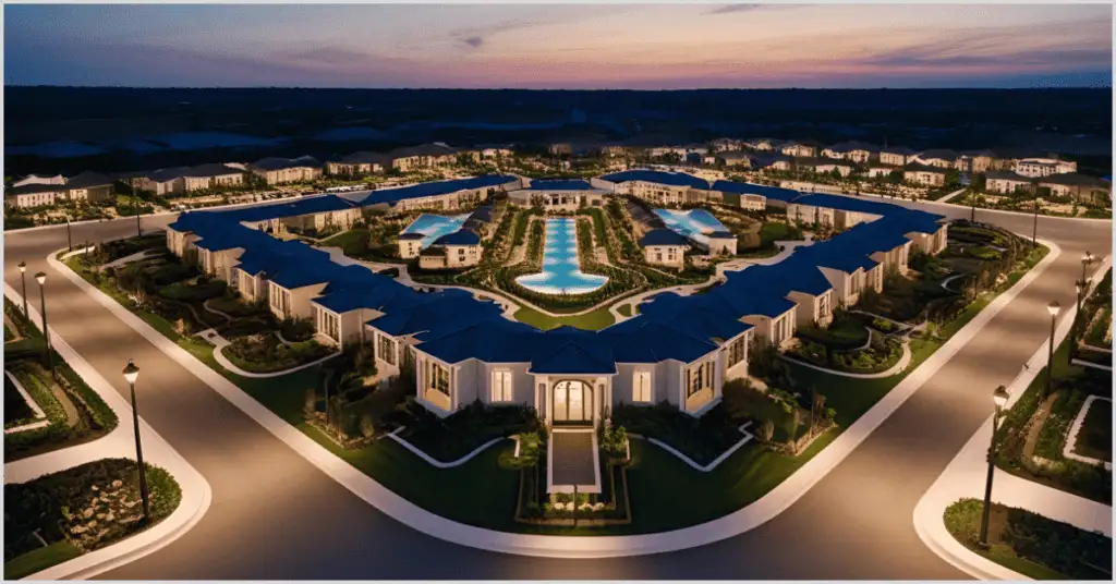 An aerial view of a luxurious residential community captured in stunning virtual twilight images, featuring modern homes with blue roofs, illuminated streets, and a central water feature under a vibrant sunset sky.