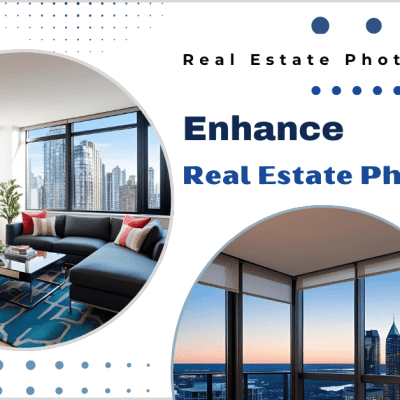 Promotional image with two circular photos of modern real estate interiors, one showing a stylish living room with city views and another with sunset over high-rise buildings. Text "Real Estate Photo Editing" and "Enhance Real Estate Photos" highlights the focus keyword.