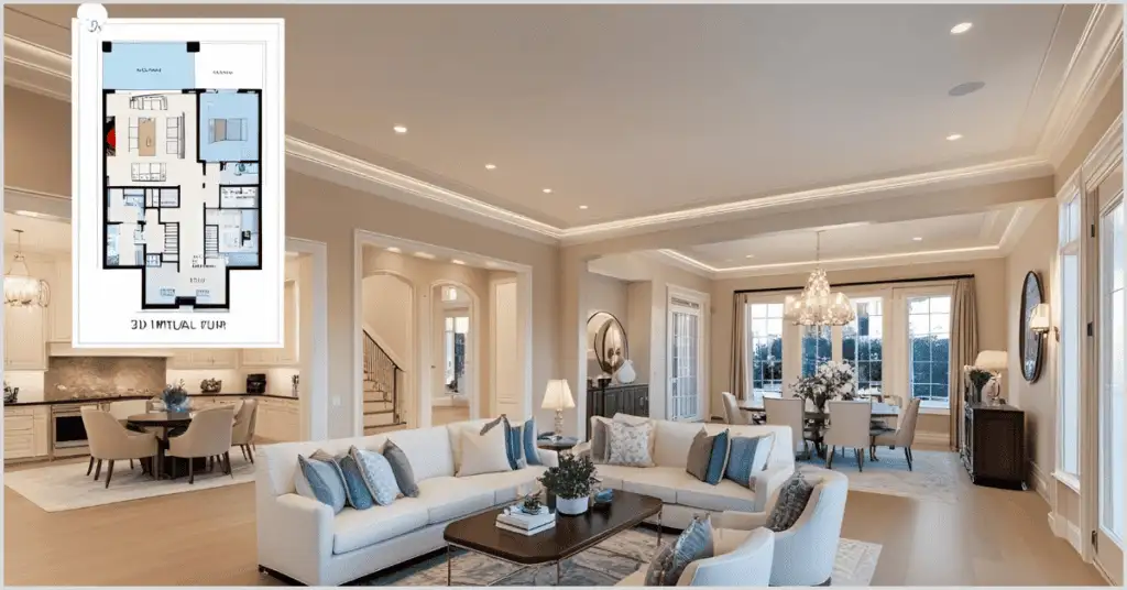 A luxurious living room with a 3D virtual tour and floor plan integration, featuring elegant white sofas with blue cushions, a modern coffee table, a dining area with a chandelier, and large windows. The floor plan on the left side highlights the layout, including the living room, kitchen, bedrooms, and bathroom.