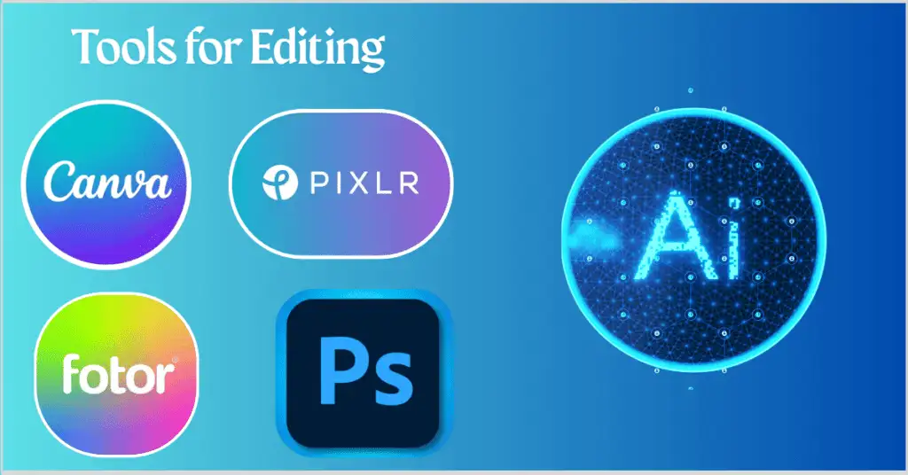 A promotional image featuring the text "Tools for Editing" with logos of Canva, Pixlr, Fotor, Photoshop (Ps), and an AI icon, set against a blue gradient background, highlighting online platforms and mobile apps to enhance real estate photos.