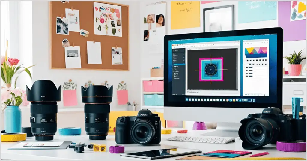A creative workspace featuring professional camera lenses, DSLR cameras, and a computer displaying photo editing software. The setup includes various photography accessories, a colorful and organized office, and a corkboard with design inspirations.