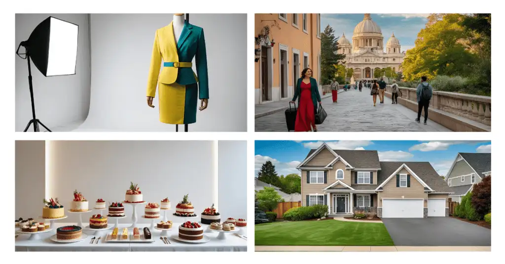A collage of four hero shots showcasing different industries: a mannequin in a studio for e-commerce, a stylish woman walking in a scenic city for travel and tourism, an elegant cake display for food photography, and a well-lit house exterior for real estate.