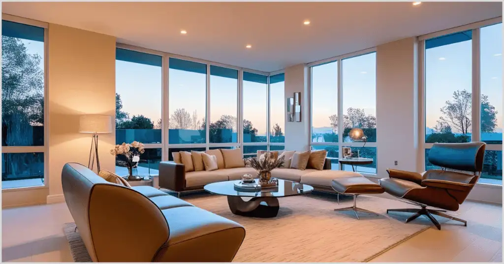 A modern living room featuring HDR photography with ambient light, showcasing large windows with a scenic sunset view, a stylish sectional sofa with cushions, a unique glass coffee table, and a luxurious leather armchair.
