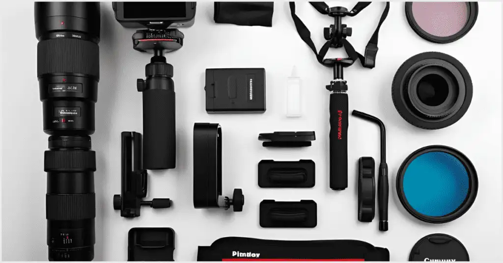 A flat lay of professional photography gear, including lenses, tripods, filters, and camera accessories, arranged neatly on a white background.