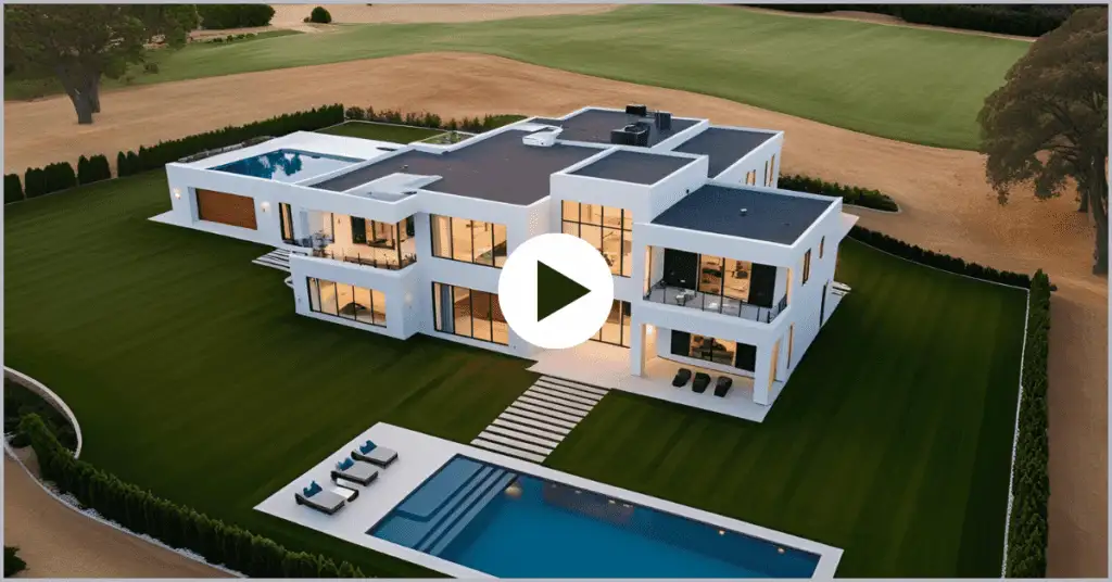 Aerial view of a luxurious modern villa with a pool, lush green lawn, and elegant outdoor seating, captured in a cinematic video frame.