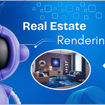 A purple AI robot holding a magnifying glass with a modern living room real estate rendering in the background, set against a blue tech-themed backdrop.