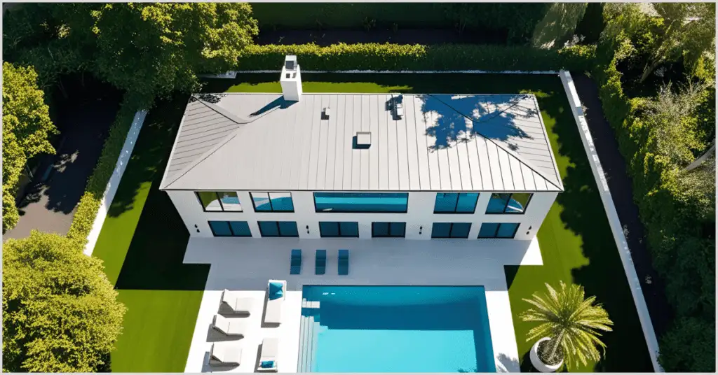 Aerial view of a modern house with a pool, surrounded by lush greenery, showcasing drone photography for real estate.