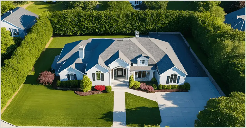Aerial drone view of a luxurious white house with a well-maintained lawn and colorful landscaping.