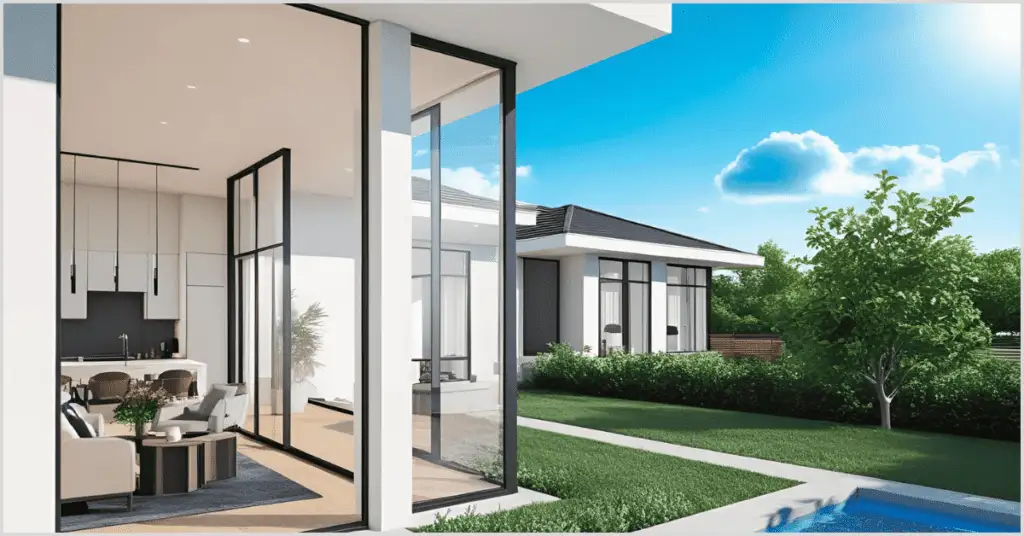 Modern real estate rendering of a luxury home with an open living area, glass walls, and a scenic outdoor view featuring a pool and lush greenery.