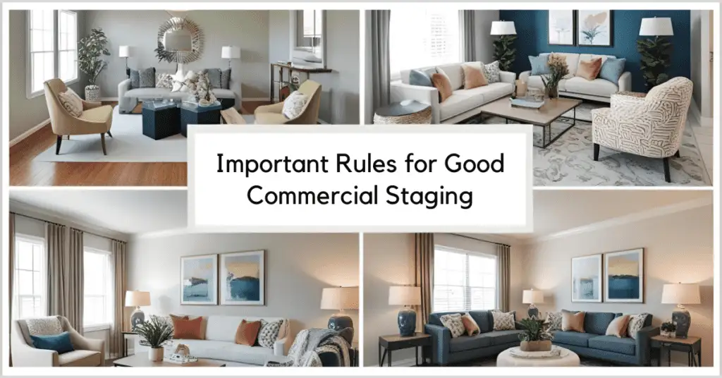 Collage of stylishly staged rooms with text "Important Rules for Good Commercial Staging.