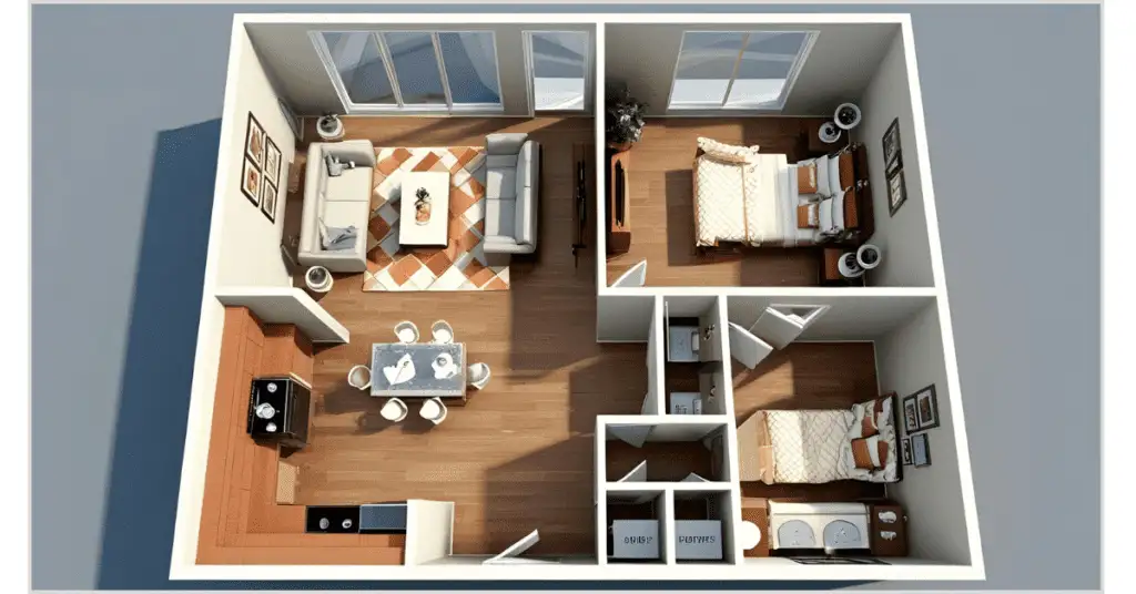 A 3D Real Estate Floor Plan Drawing of a modern apartment, illustrating furniture placement to help visualize your space effectively.