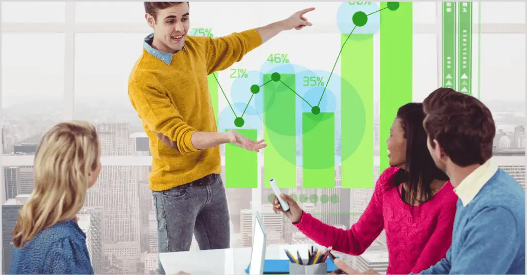 A person presenting a chart with percentages (75%, 46%, 21%, 35%) to a small group in a modern office with a city view, focusing on how to find real estate buyers.