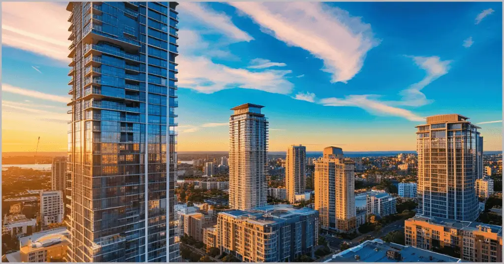 A stunning cityscape featuring modern high-rise buildings at sunset, with golden light reflecting off the glass facades. The sky is filled with soft clouds, creating a dramatic yet serene backdrop.