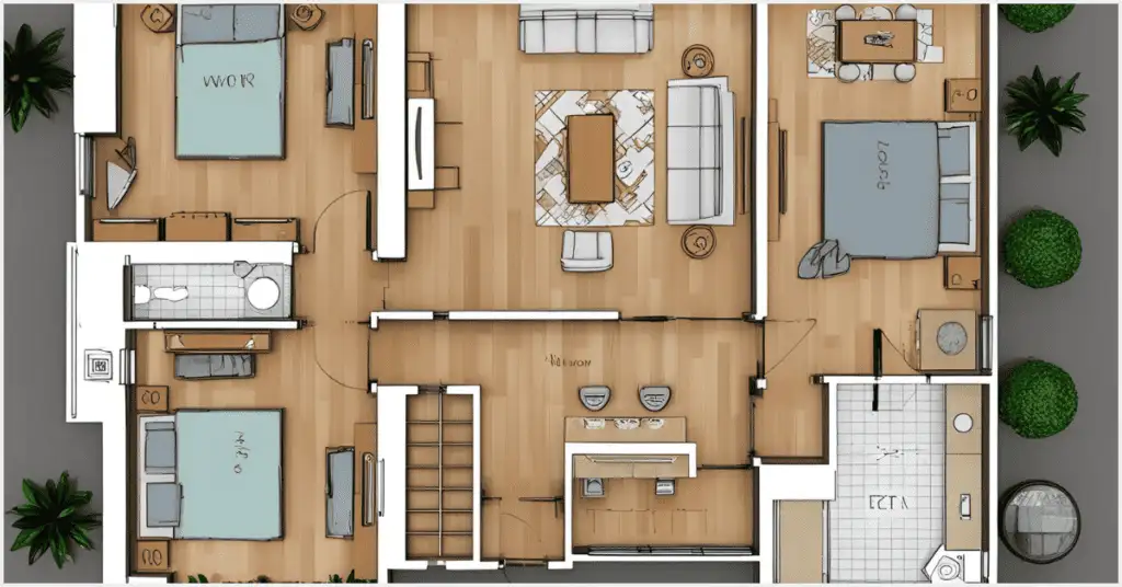 Detailed 3D floor plans for realtors designed by PixelShouters, showcasing a furnished layout with bedrooms, living area, and bathroom, surrounded by greenery.