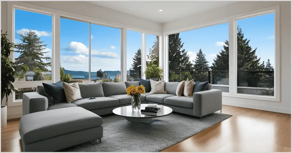 A bright living room with large windows offering a scenic view of trees and water, featuring a modern gray sectional sofa and coffee table with flowers, edited to attract real estate buyers using Pixelshouters.