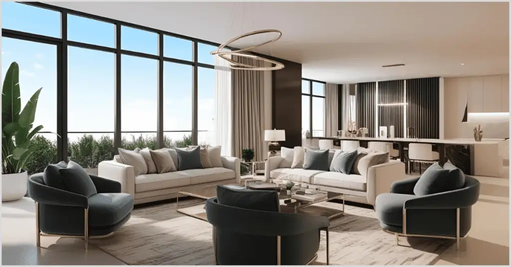A modern living room with large floor-to-ceiling windows, cream sofas and dark green armchairs with gold frames, decorated with cushions and plants, featuring a circular gold chandelier and an open kitchen area in the background, illustrating "Digital Furniture for Real Estate" staging.