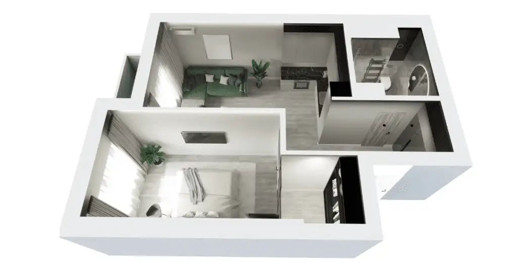 A 3D floor plan of a modern apartment with a bedroom, living area, kitchen, and bathroom, highlighting detailed Real Estate Floor Plan Drawings.