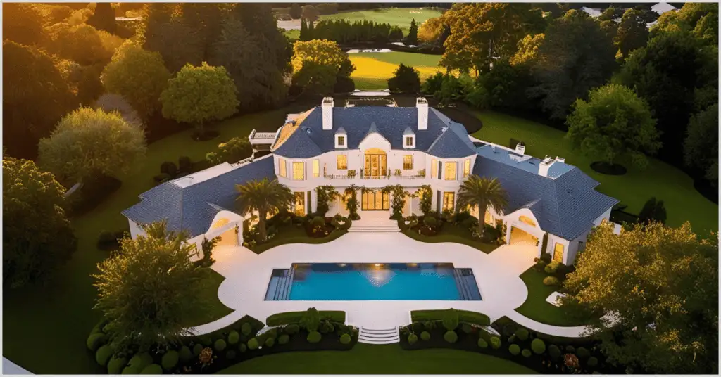 Aerial drone view of a luxurious mansion with a pool and lush landscaping at sunset.