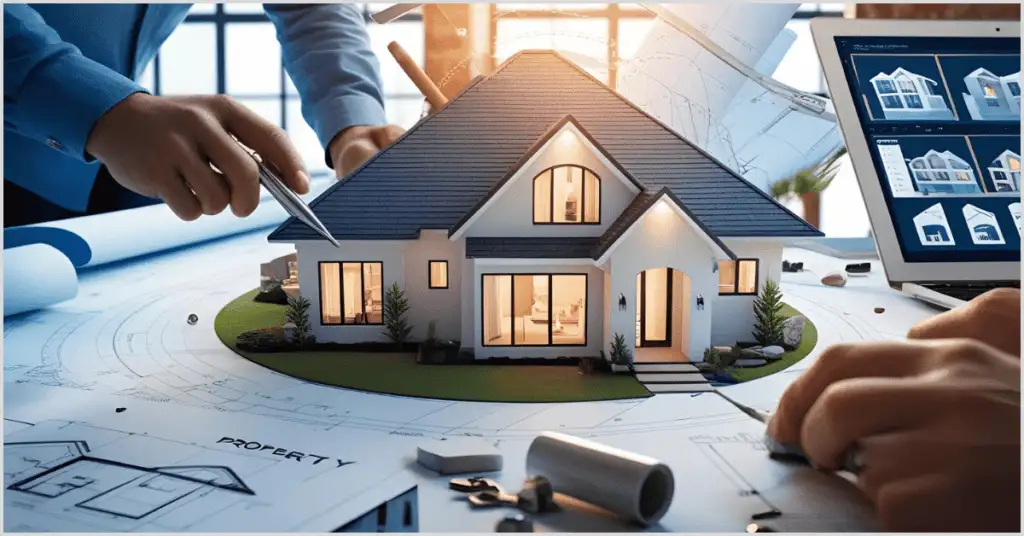 A small architectural model of a house sits on blueprints, surrounded by hands working on a laptop displaying real estate renderings, with drafting tools nearby.