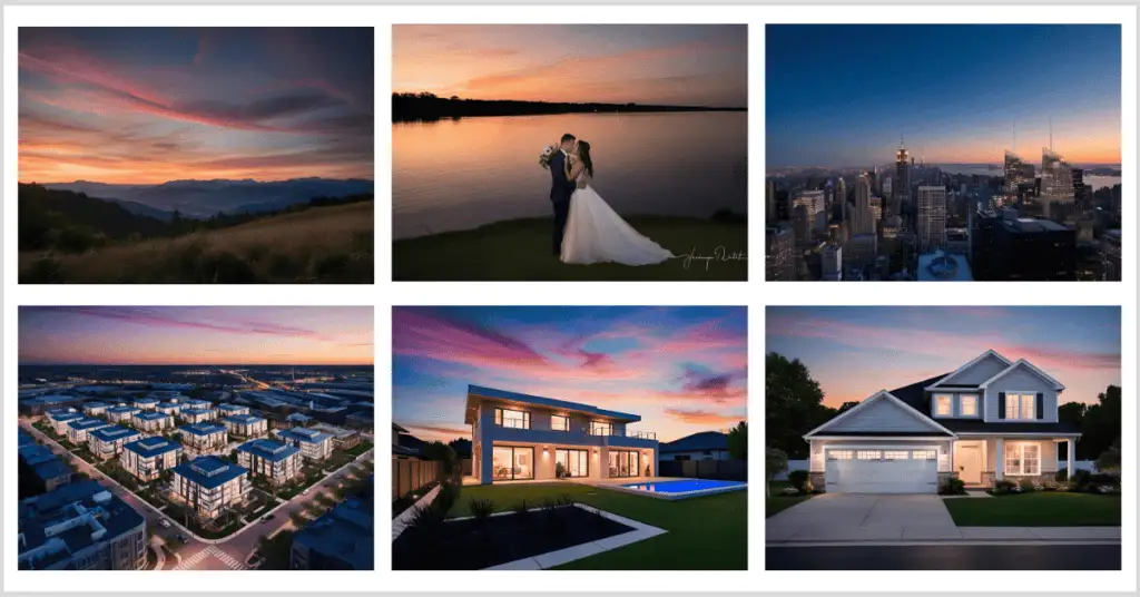 A captivating image showcasing the magic of twilight style with a modern house and pool under a twilight sky, framed by a colorful gradient background with purple, pink, and blue geometric shapes.