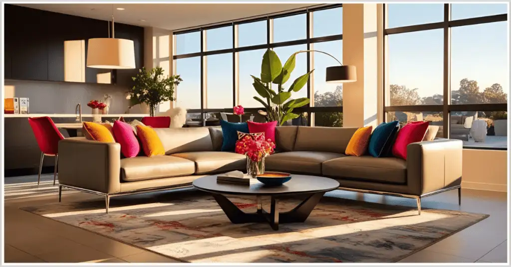 Modern commercial space staged with a beige sofa, colorful pillows, a coffee table with flowers, and large windows, showcasing virtual staging.