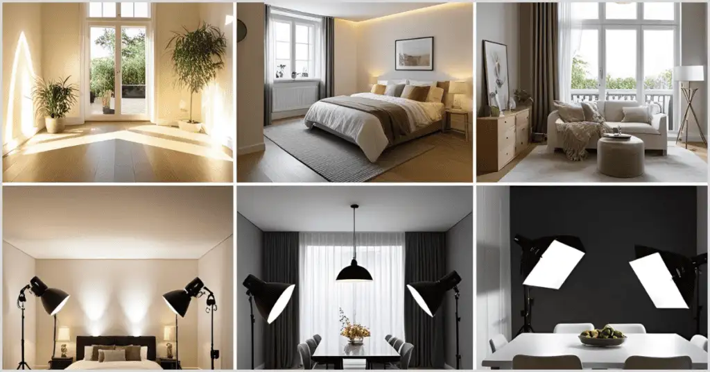 A collage of six images showcasing different types of lights for real estate photography. The top row features a bright room with natural light from large windows, a cozy bedroom with soft ambient lighting, and a living room with warm artificial lights. The bottom row displays a bedroom with professional softbox lights, a dining area with a pendant light, and a dining table setup with two large studio lights, emphasizing various lighting techniques for real estate photography.