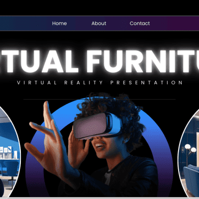 Virtual furniture presentation with VR headset experience and modern digitally staged rooms.