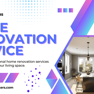 Promotional image for Pixelshouters' virtual remodel service, showing modern kitchen and dining rooms with text on tailored renovations and www.pixelshouters.com, in purple and blue tones.