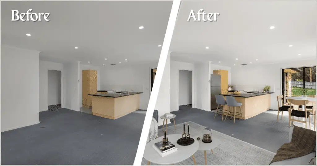 Side-by-side comparison of a room before and after virtual staging, showing an empty space transformed with furniture, decor, and a dining area to enhance real estate photos.