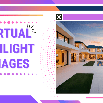 A promotional image for Virtual Twilight Photos featuring a modern house with a pool at twilight, set against a colorful gradient background with purple, pink, and blue geometric shapes.