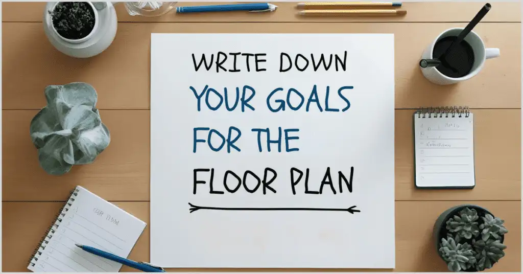 A wooden desk with a white paper displaying the text "Write Down Your Goals for the Floor Plan," surrounded by notebooks, pens, a coffee cup, and potted plants.
