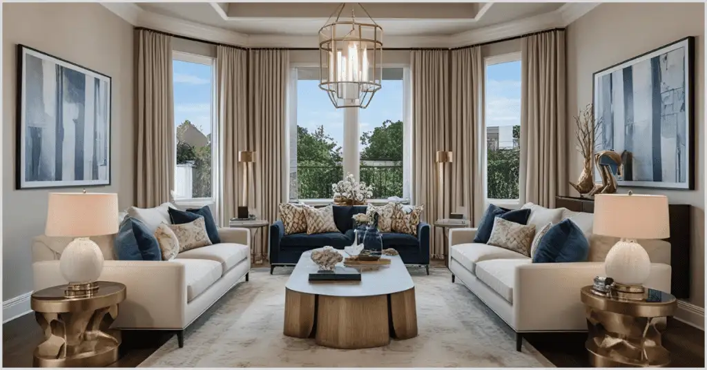 A luxurious living room with two cream-colored sofas adorned with blue and patterned cushions, a wooden coffee table, gold-accented side tables with lamps, a large hanging chandelier, large windows with beige curtains, and abstract wall art, showcasing the concept of "Digital Furniture for Real Estate.