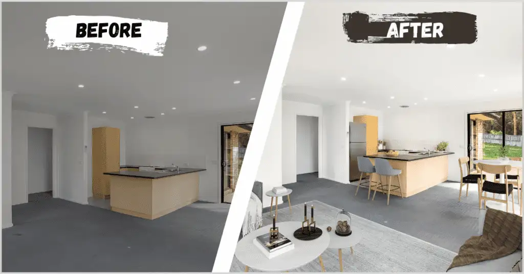 Before and after images of a commercial space, showing an empty room on the left and a staged room with furniture and decor on the right, labeled "Before" and "After.