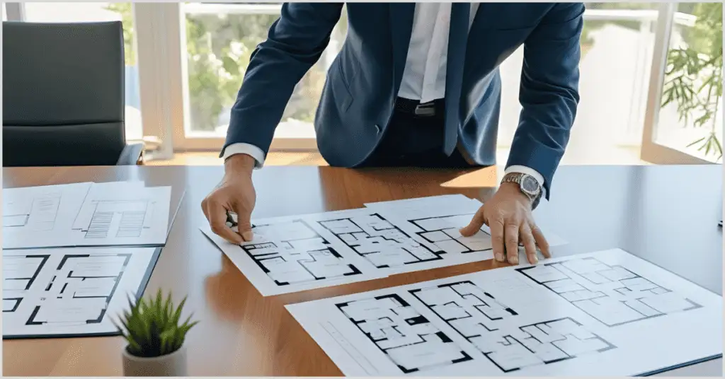 A realtor in a blue suit reviews printed architectural floor plans laid out on a wooden office table, emphasizing property planning and client presentations.