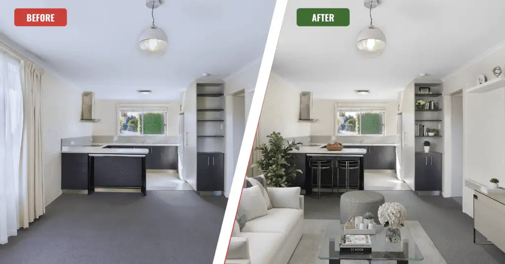 A split image showing a "Before" empty room with dark cabinets and a "After" transformed space with a white sofa, glass coffee table, plants, and decor, featuring a pendant light, highlighting "Digital Furniture for Real Estate" by PixelShouters.