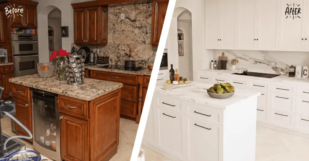 Image comparing a before and after virtual remodel of a kitchen, showing a dark wood cabinet setup on the left and a modern white cabinet design with marble countertops on the right, highlighting the importance of virtual remodel in real estate.