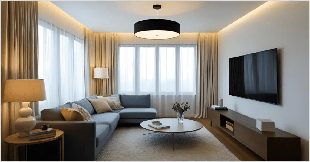A modern living room with strategic lights for real estate photography, featuring a blue sectional sofa with cushions, a round coffee table with a vase, and a sleek TV unit.