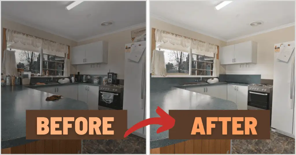 Promotional image featuring two circular photos of modern real estate interiors with city views. The left photo shows a living room with a sofa and large windows, while the right photo displays a room with sunset over high-rise buildings.
