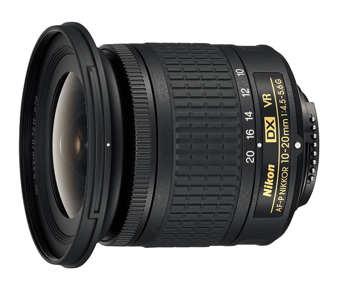 AF-P DX NIKKOR 10-20mm f/4.5-5.6G VR lens with a wide-angle range, ideal for real estate photography, on a teal background.