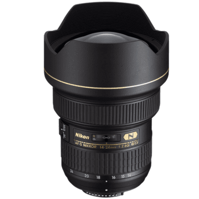 AF-S NIKKOR 14-24mm F2.8G ED lens with a wide-angle view, ideal for real estate photography, on a white background.