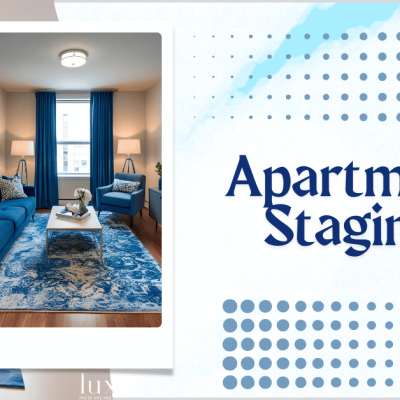 Modern living room with blue furniture and decor, showcasing apartment staging by Lux Interiors.